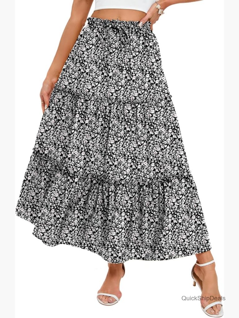 Long Flowy Maxi Skirt High Waist A-Line Tiered Boho With Pockets